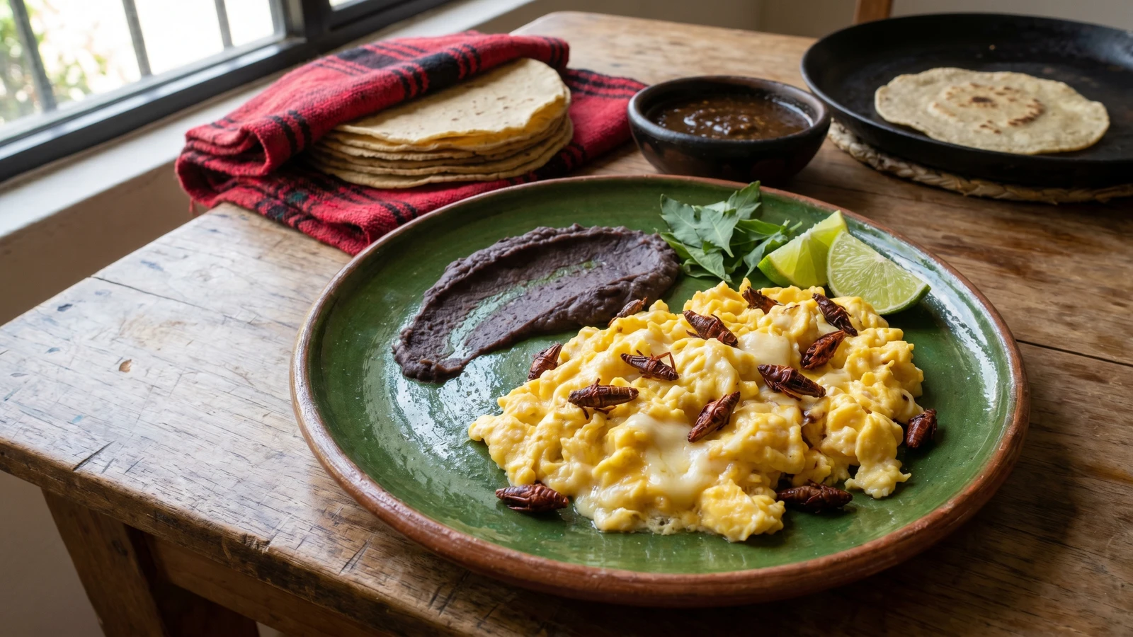 Huevos con Chapulines y Quesillo