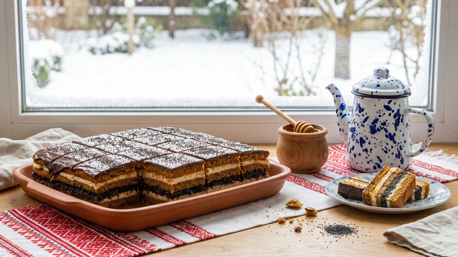 Medovo-Makovyi Pliatsok (медово-маковий пляцок, honey-poppy layered cake)
