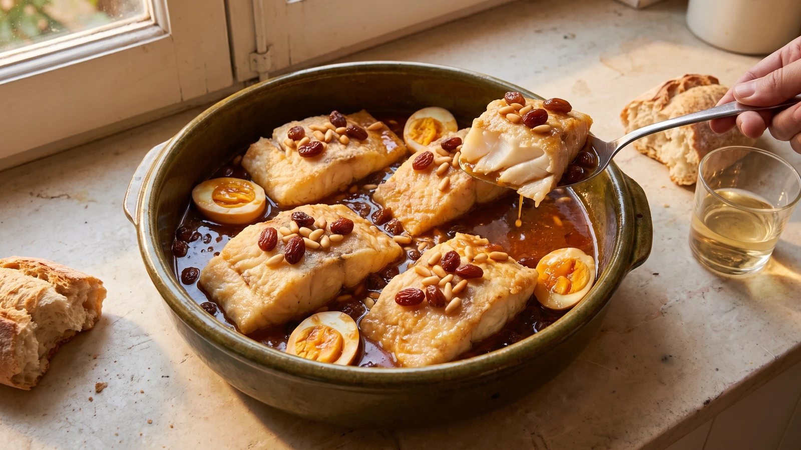 Bacalao con Pasas y Piñones