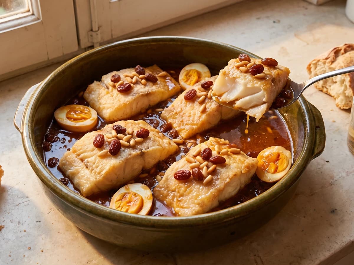 Bacalao con Pasas y Piñones - Chef Isabel