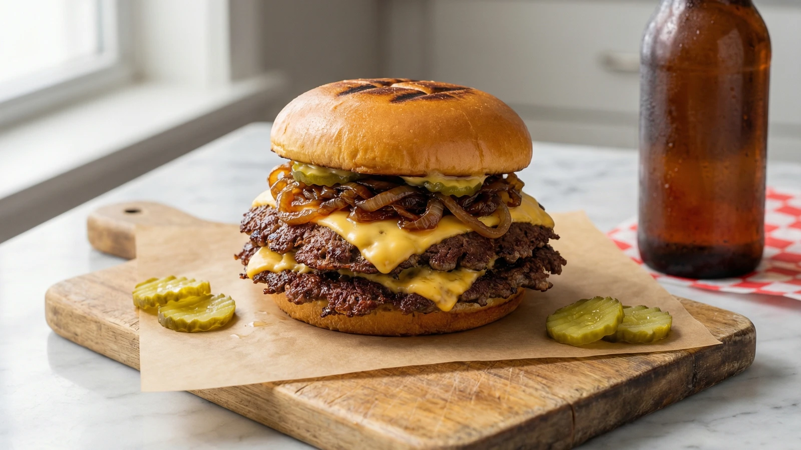 Smashed Double Cheeseburger with Caramelized Onions