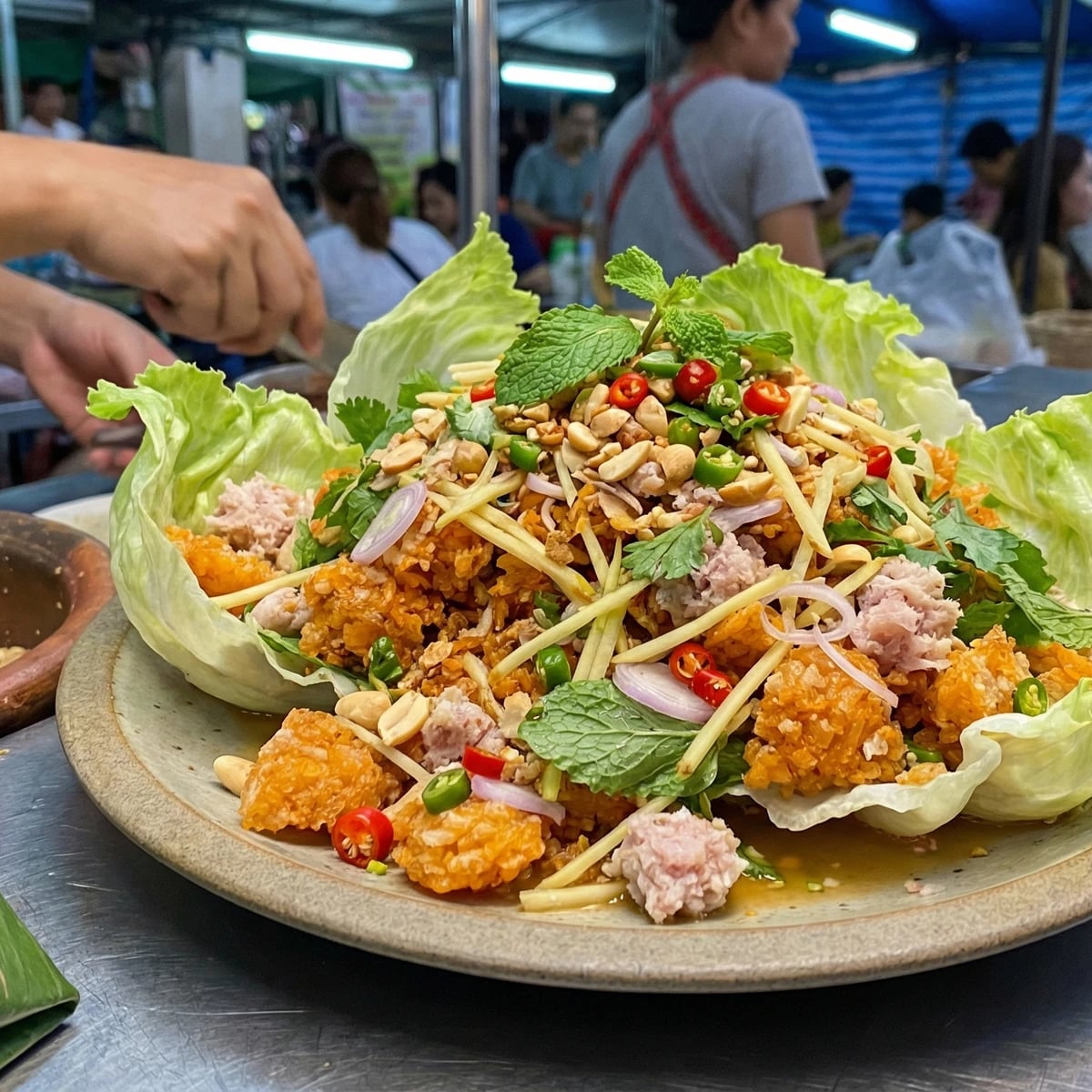 Crispy Rice Salad with Fermented Pork (Yam Naem Khao Tod ยำแหนมข้าวทอด)