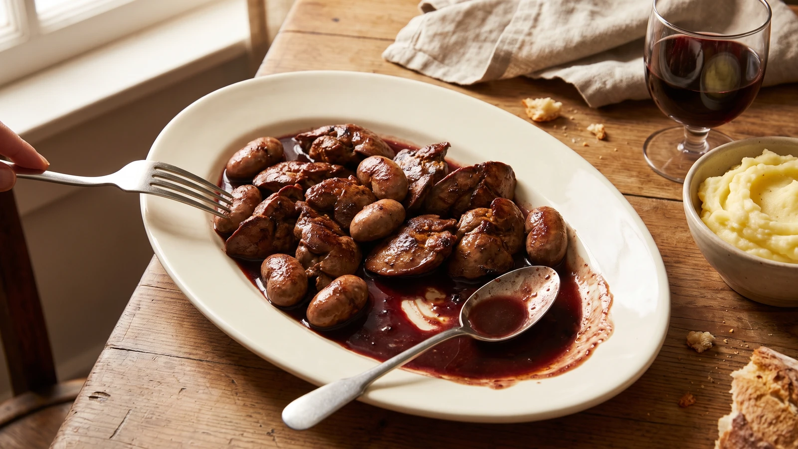 Foies de Volaille et Rognons Sautés au Vin Rouge