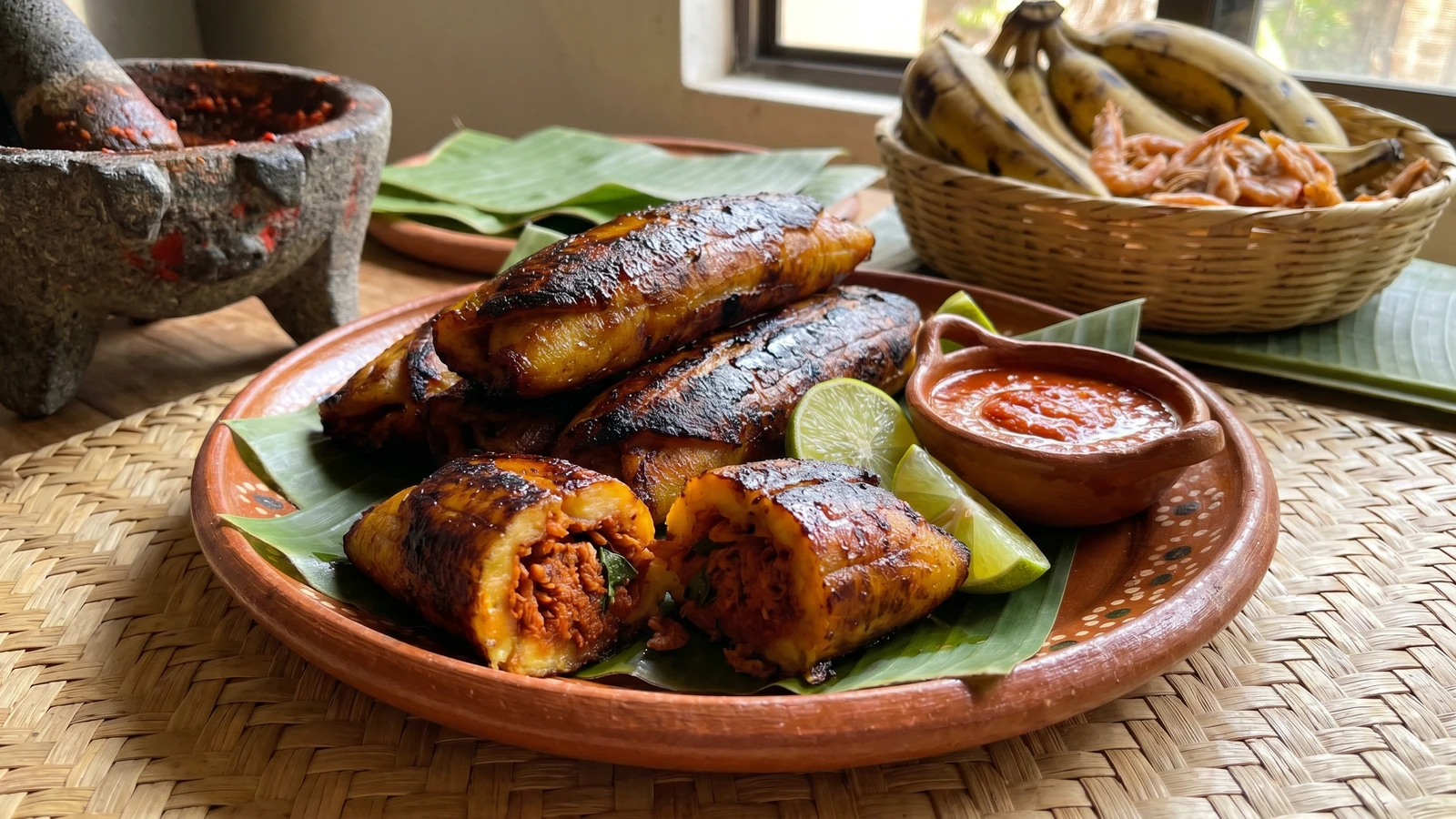Bollo de Plátano Relleno de Camarón Seco