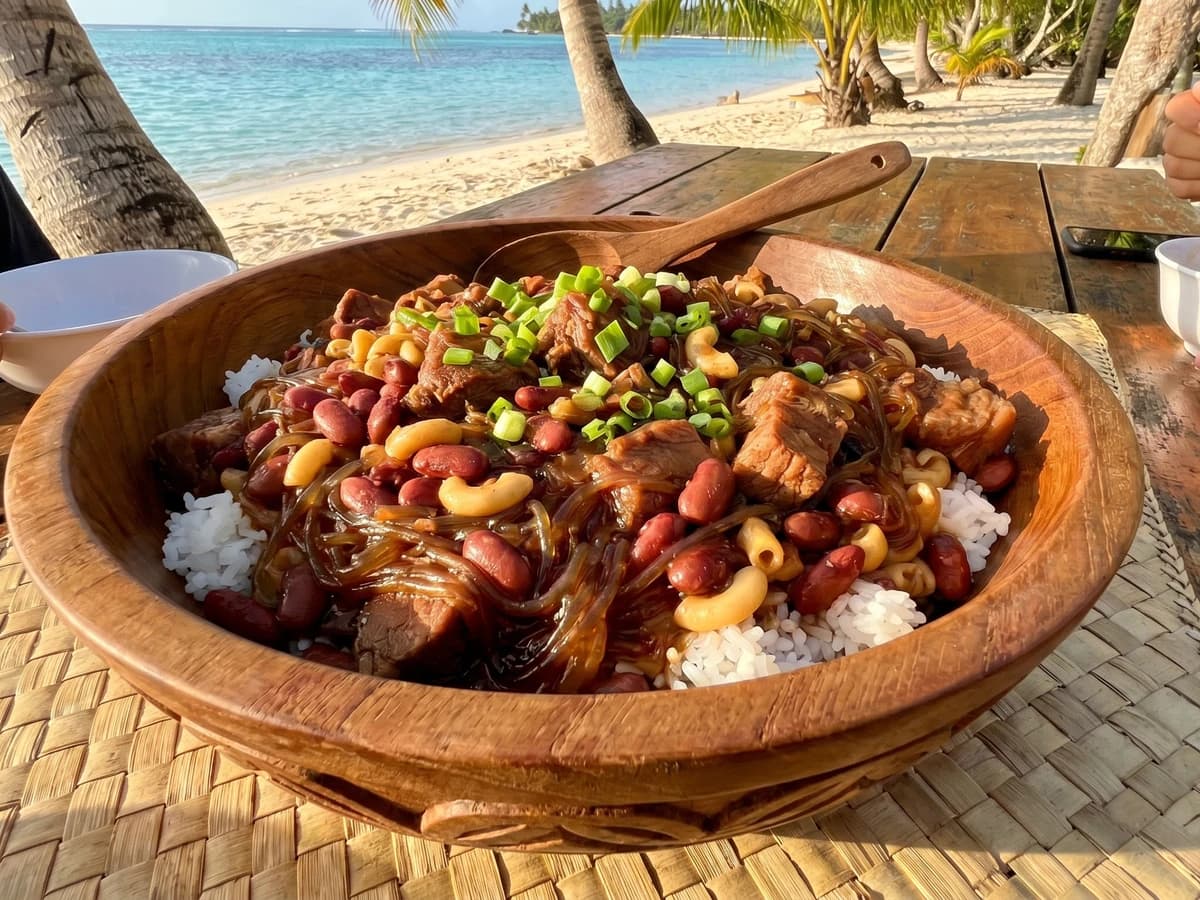 Māʻa Tinito (Tahitian Chinese-Style Pork, Red Bean, and Macaroni Stew) - Chef Makoa