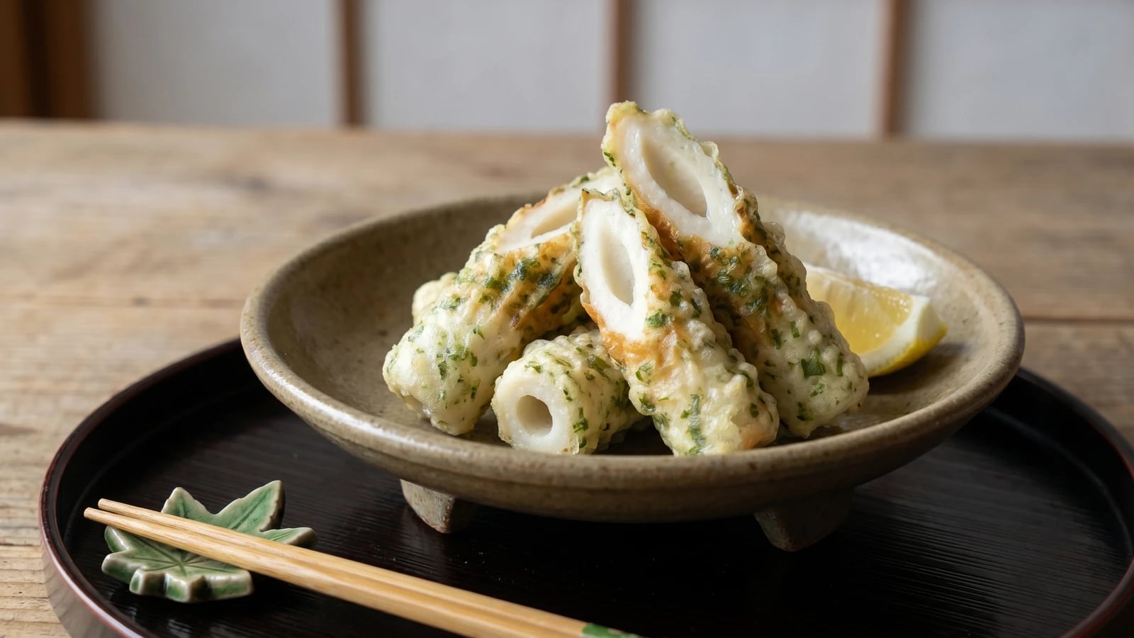 Chikuwa Isobeage (ちくわの磯辺揚げ, fried fish-cake with aonori)