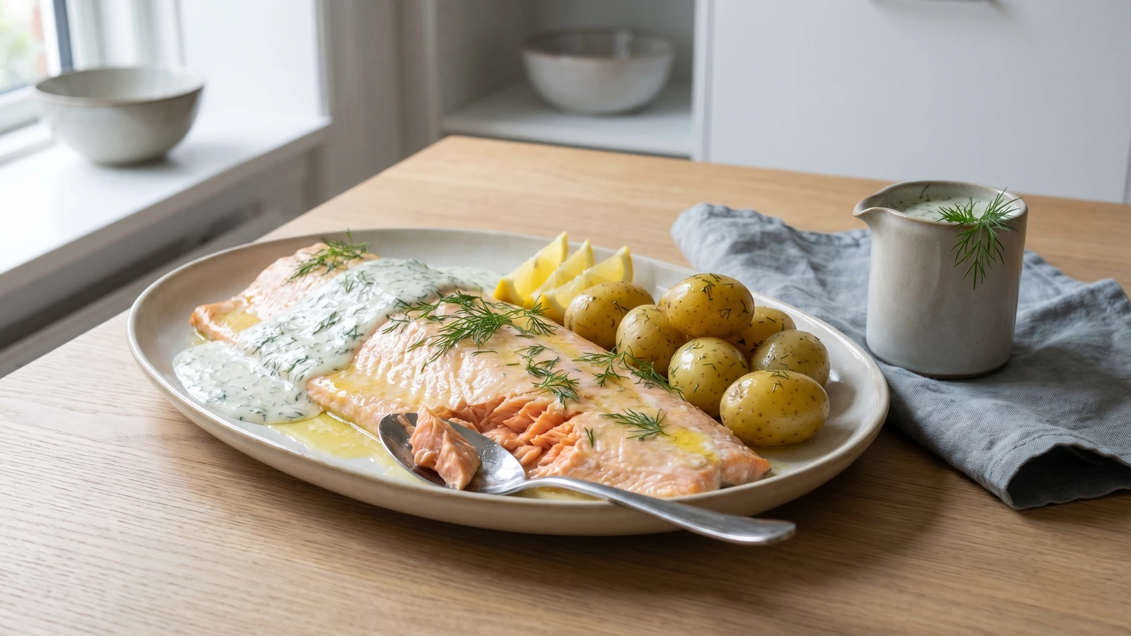 Bagt Laks med Dildsauce og Nye Kartofler