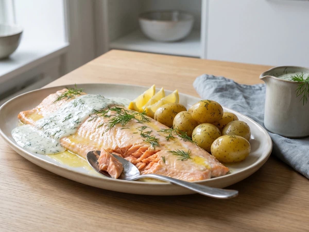 Bagt Laks med Dildsauce og Nye Kartofler