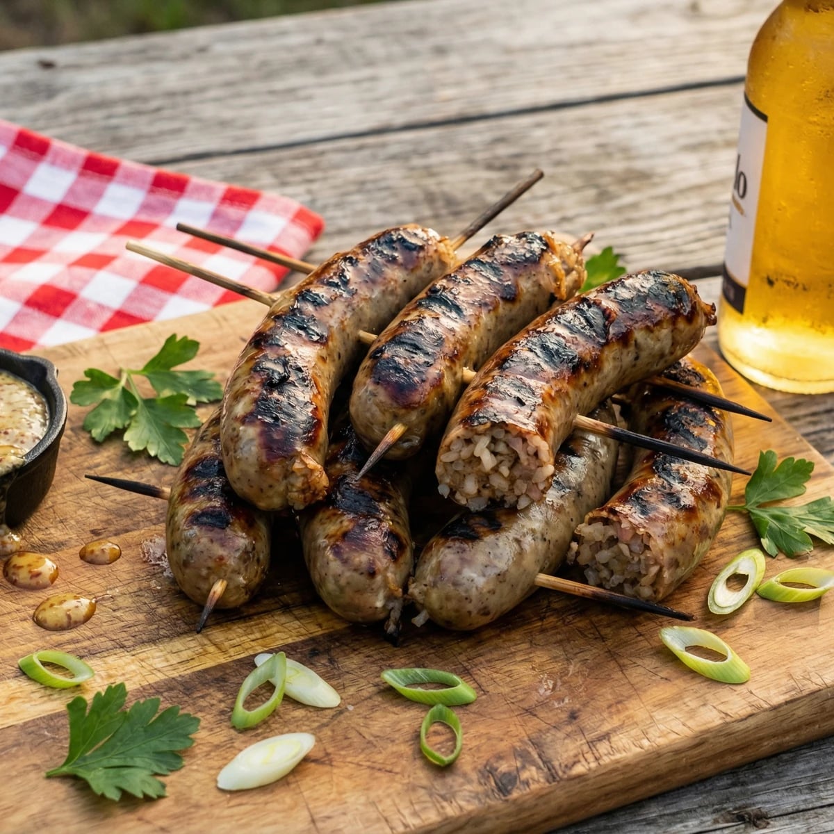Grilled Boudin Skewers with Creole Mustard