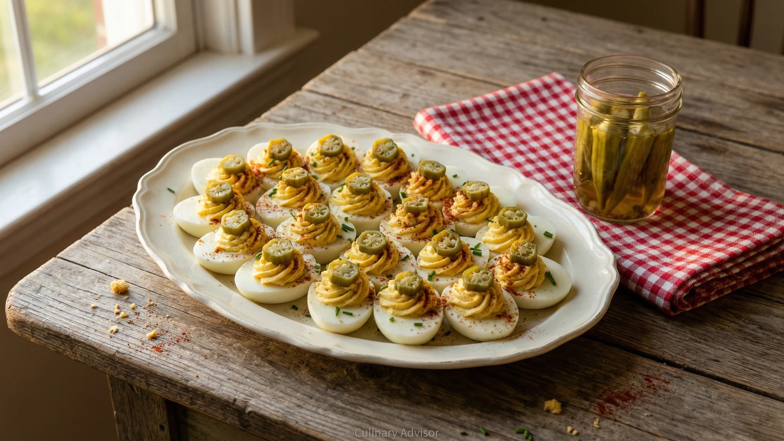 Southern Deviled Eggs with Pickled Okra