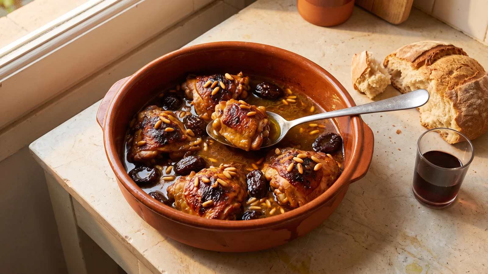 Pollastre a la Catalana amb Prunes i Pinyons