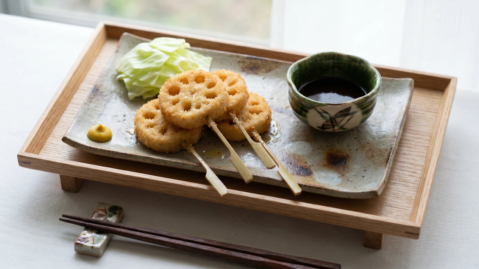 Fried Lotus Root Skewers (れんこん串カツ, Renkon Kushikatsu)