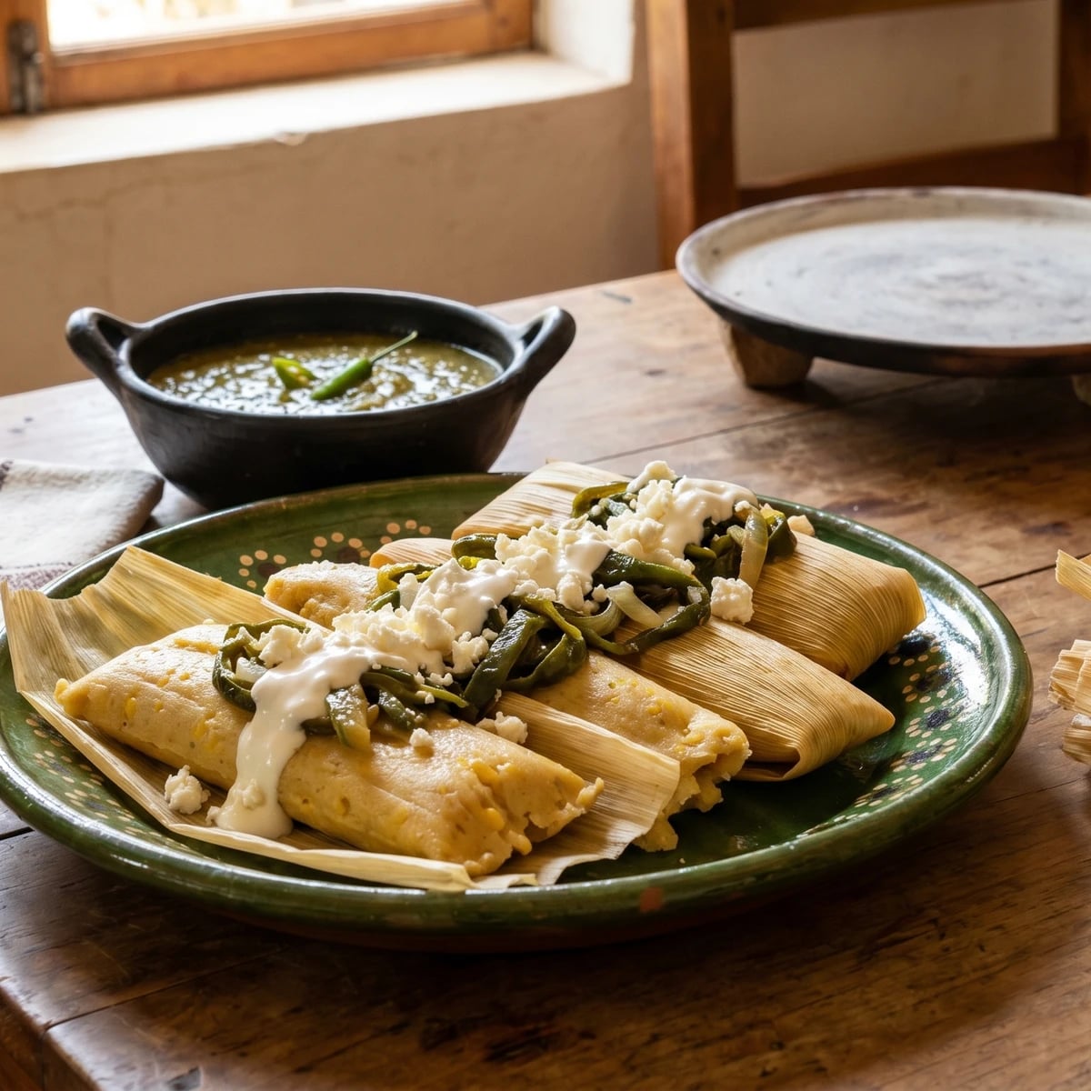 Uchepos con Crema, Rajas y Queso Fresco
