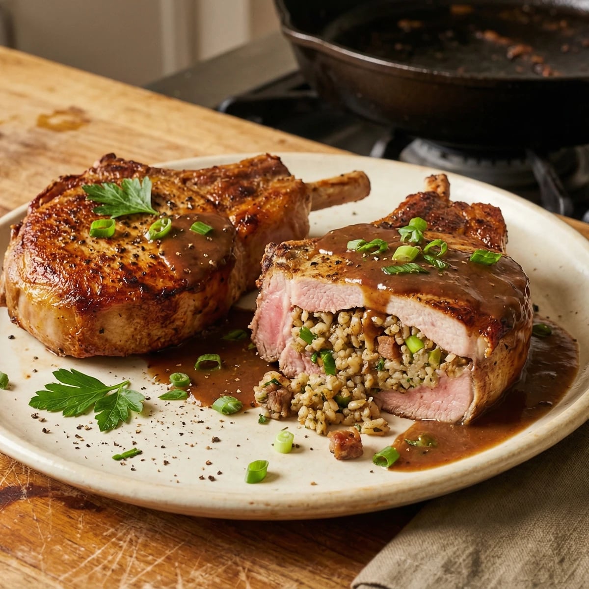 Stuffed Pork Chops with Dirty Rice Dressing
