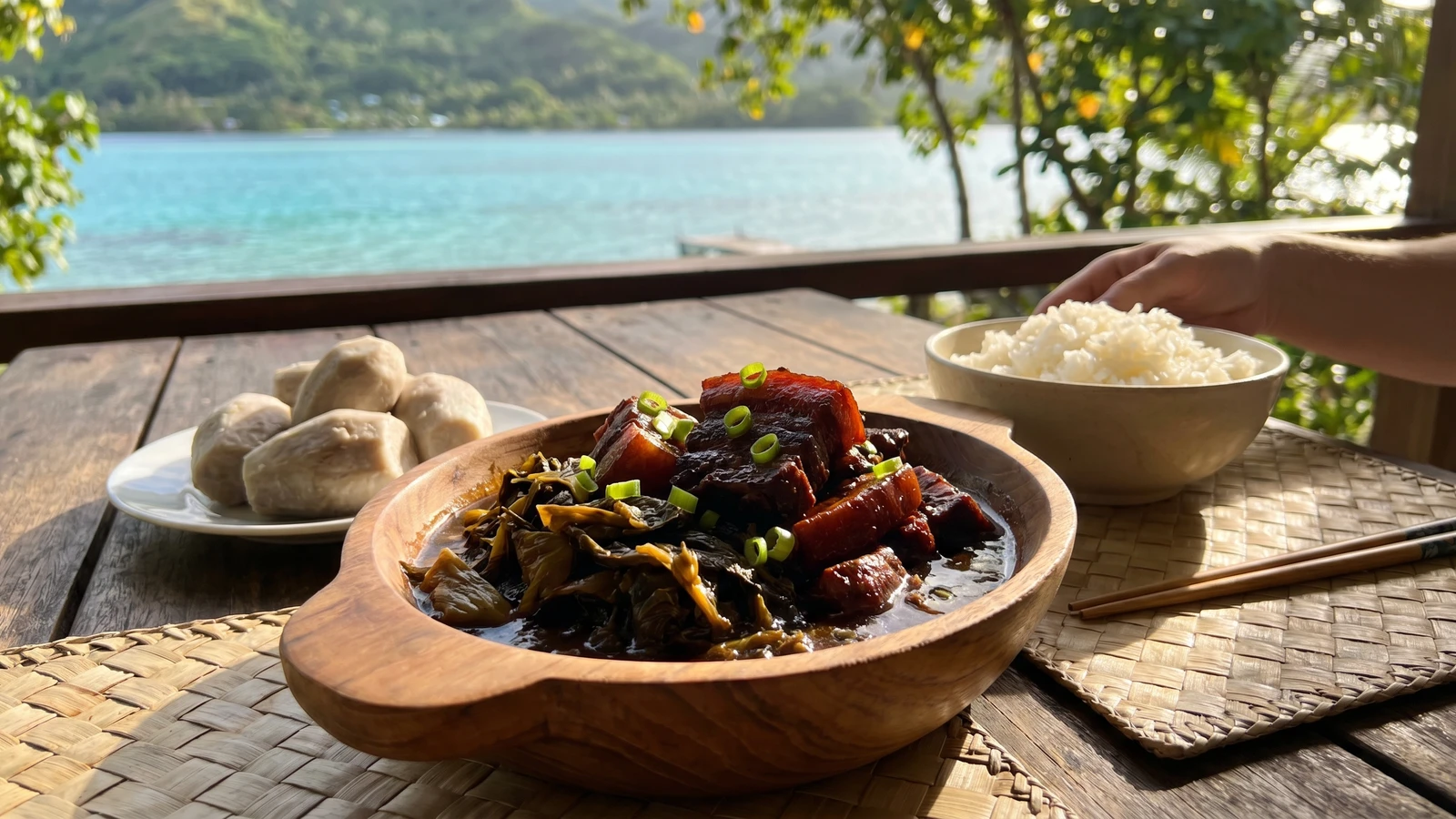 Kiu Nyuk (Tahitian Chinese Pork Belly with Preserved Mustard Greens)