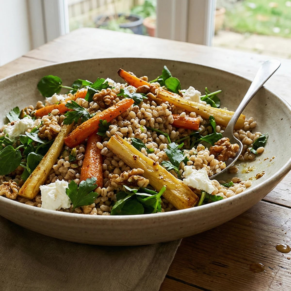 Pearl Barley Salad with Roasted Roots and Goat's Cheese
