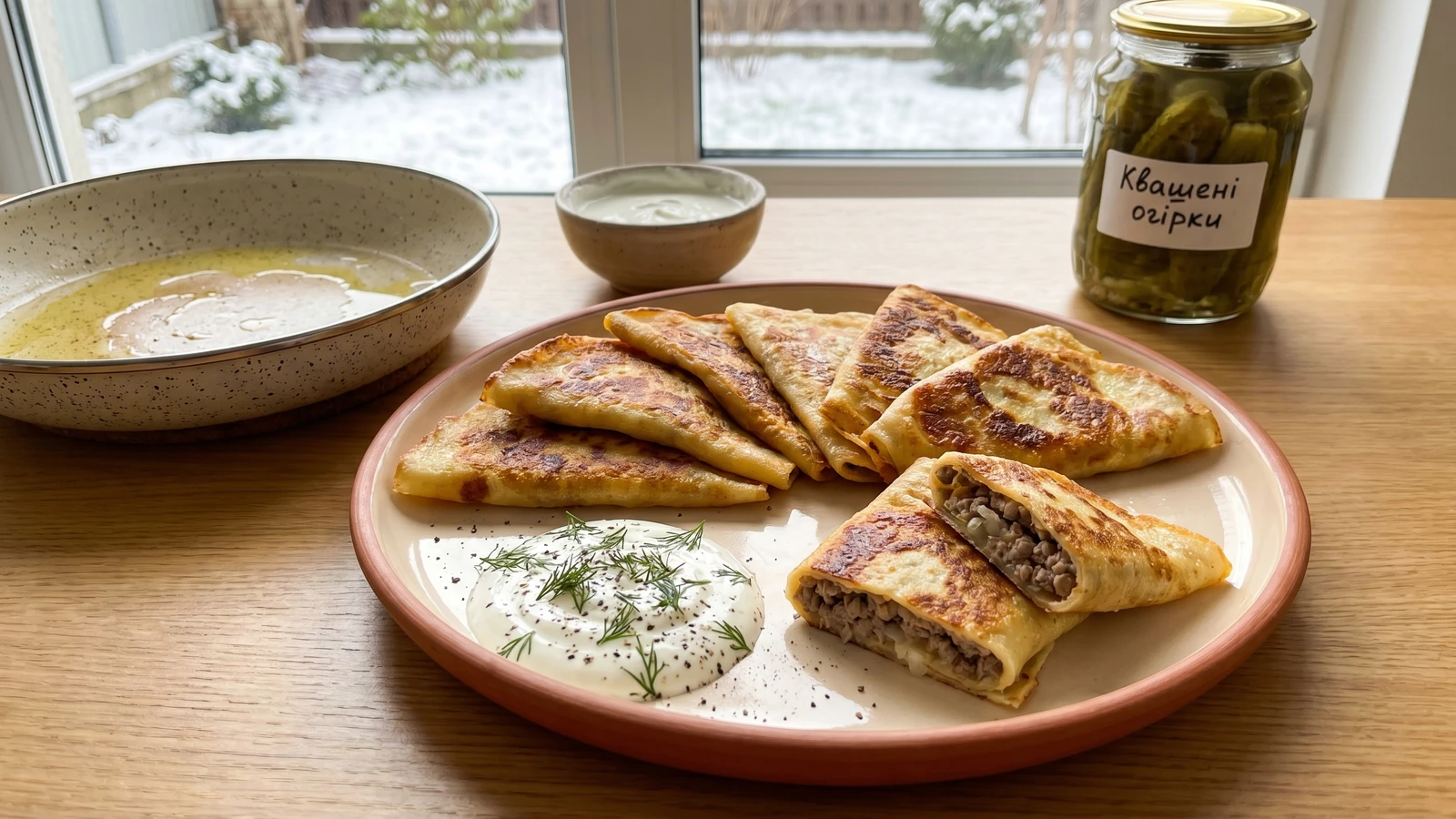 Benderyky (бендерики, meat-stuffed crepes)