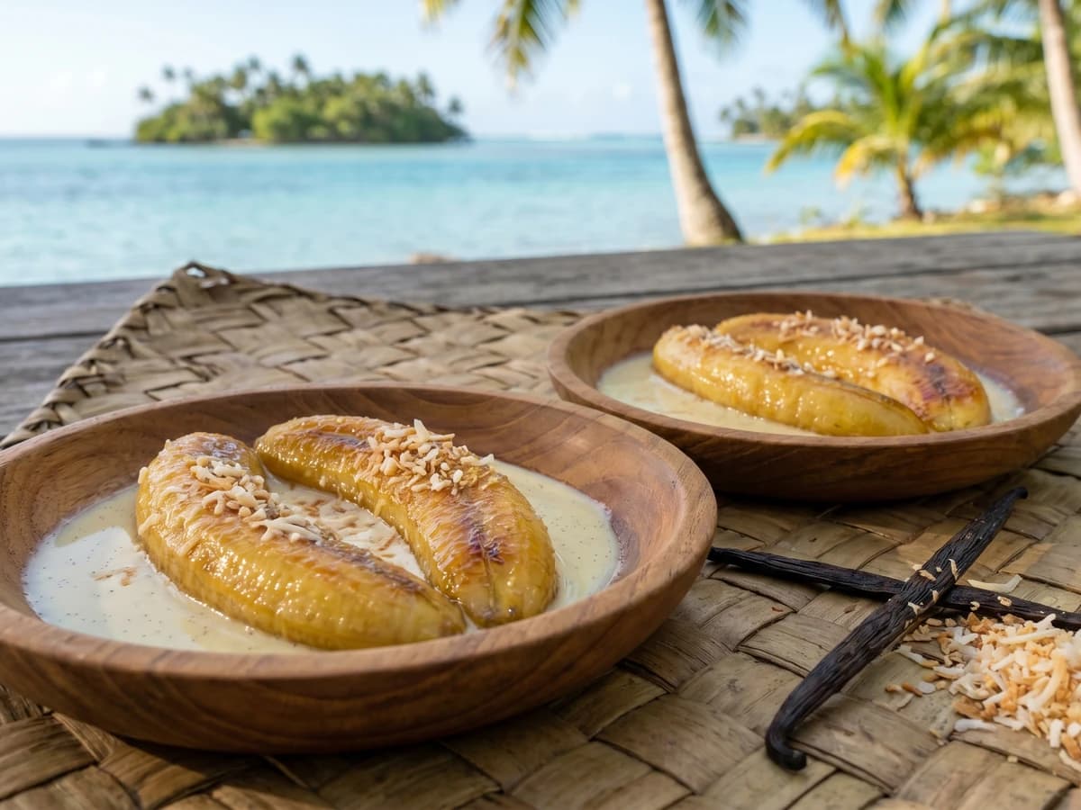 Meiʻa Rio with Crème Anglaise au Vānira Tahiti (Tahitian Vanilla Custard Bananas) - Chef Makoa