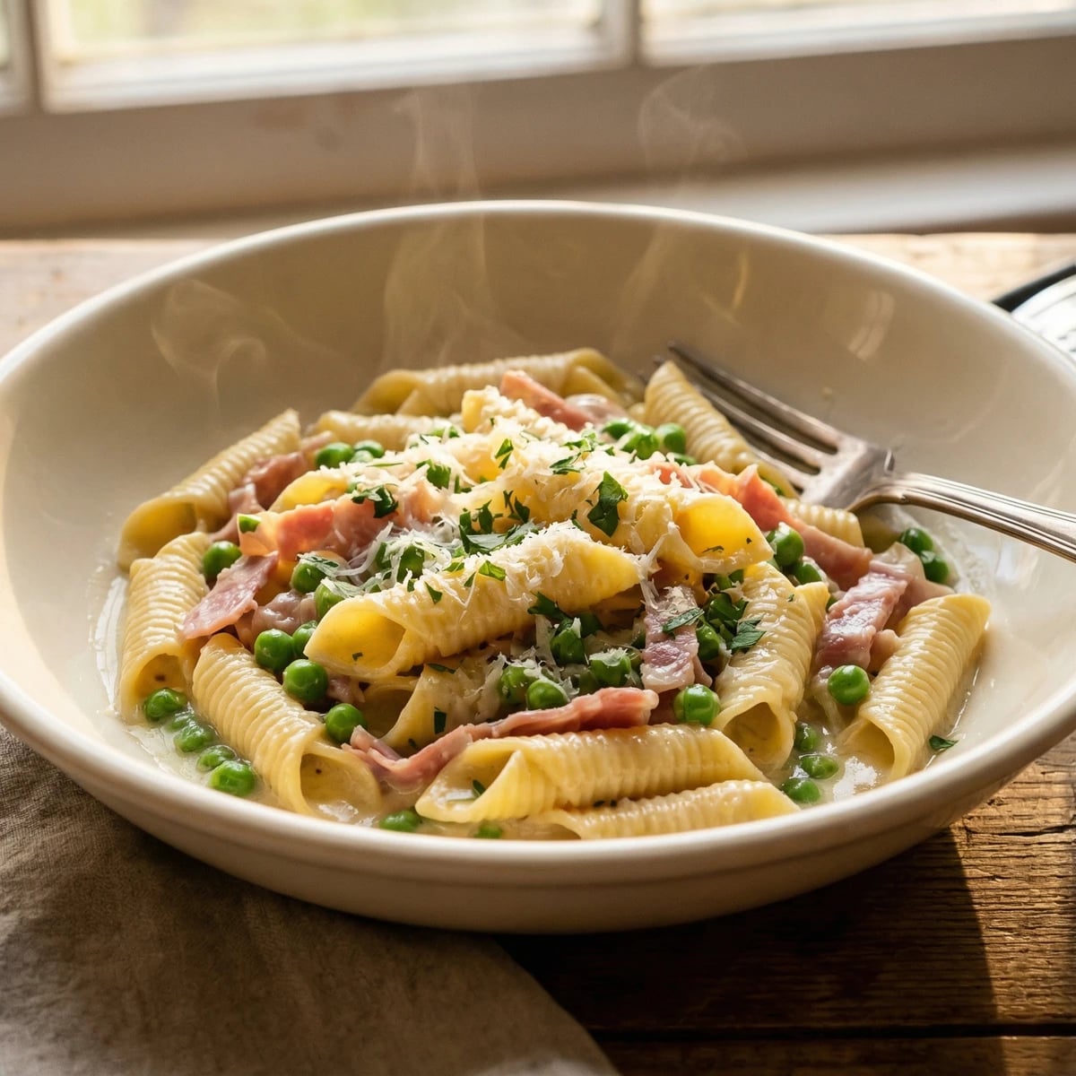 Garganelli con Prosciutto e Piselli