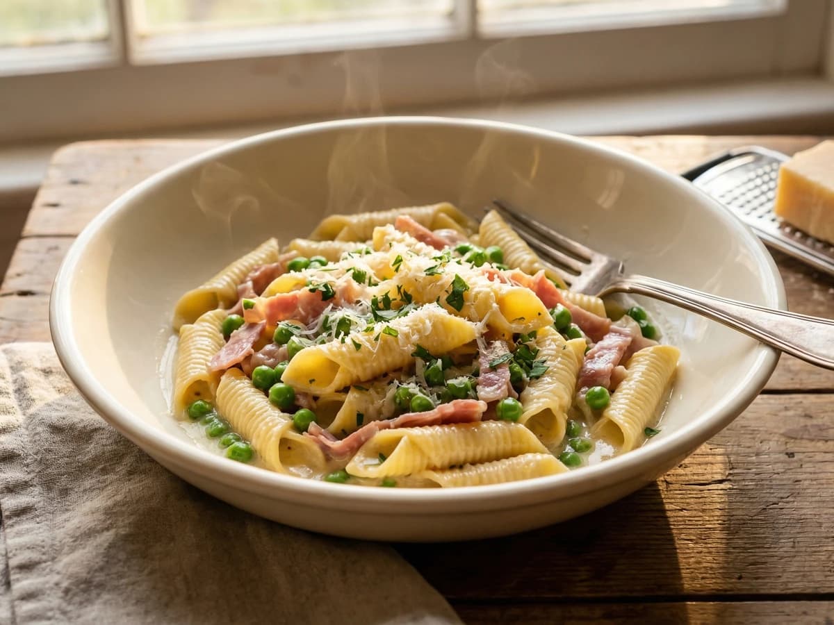 Garganelli con Prosciutto e Piselli