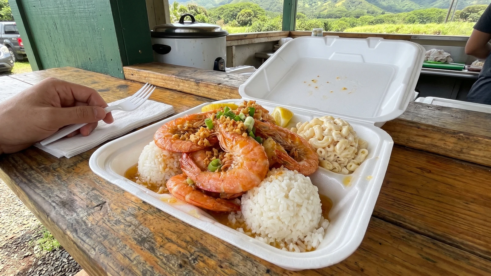 Hawaiʻi Local Garlic Shrimp Plate (Kahuku Grindz)