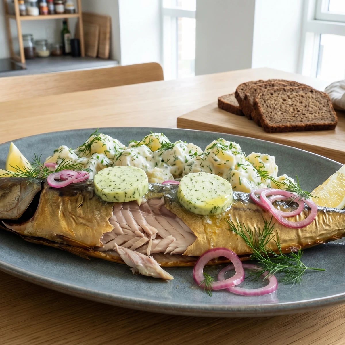 Varm Røget Makrel med Kartoffelsalat og Dildsmør