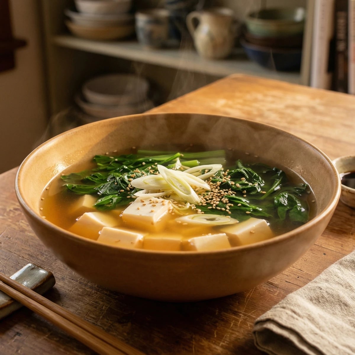 Dashi with Silken Tofu and Seasonal Greens
