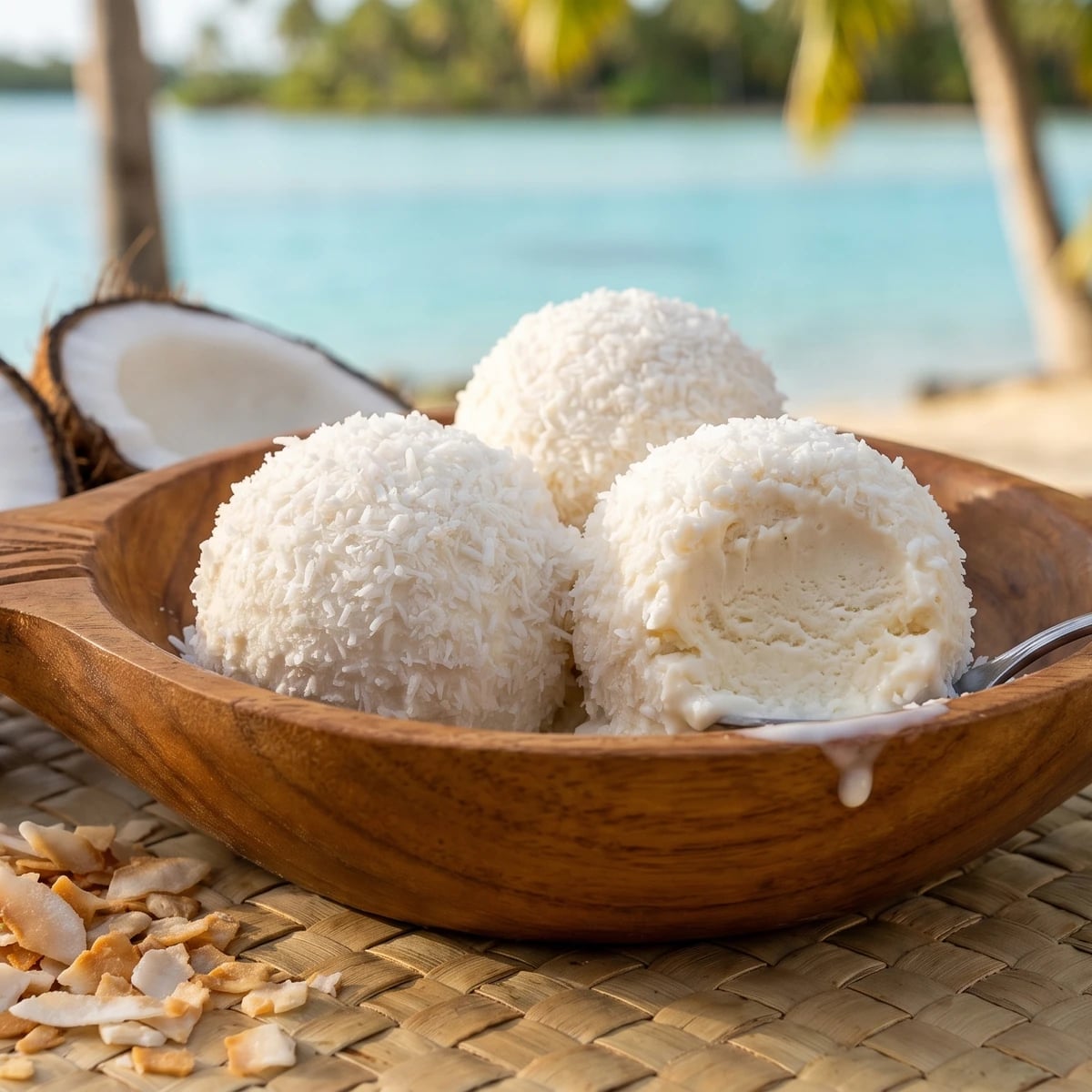 Aitutaki Snowball (Cook Islands Vanilla Ice Cream Rolled in Coconut)