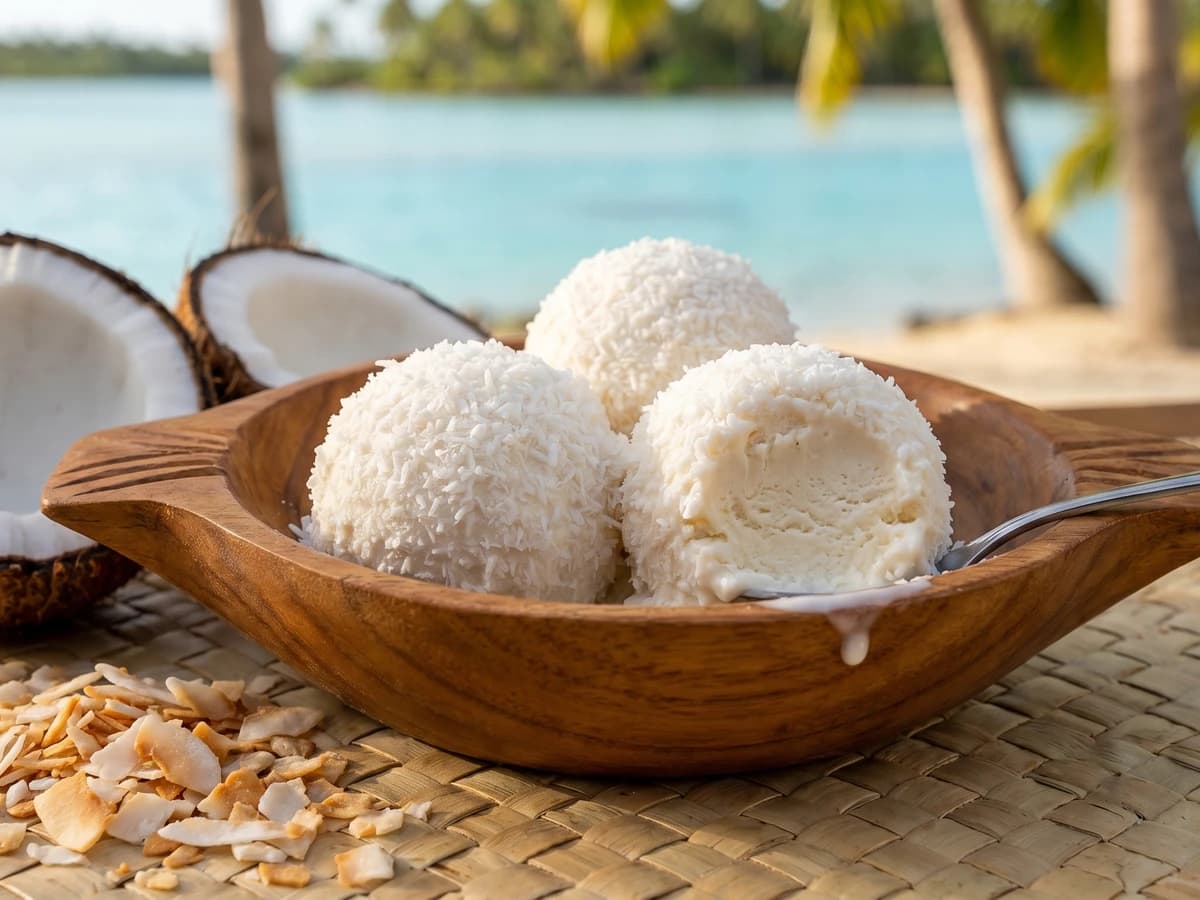Aitutaki Snowball (Cook Islands Vanilla Ice Cream Rolled in Coconut) - Chef Makoa