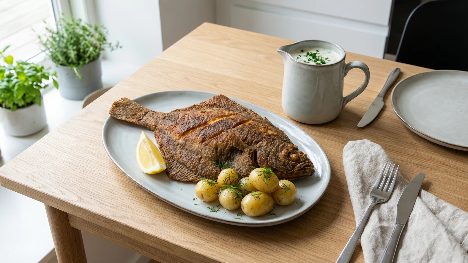Helstegt Rodspaette med Persillesovs og Nye Kartofler