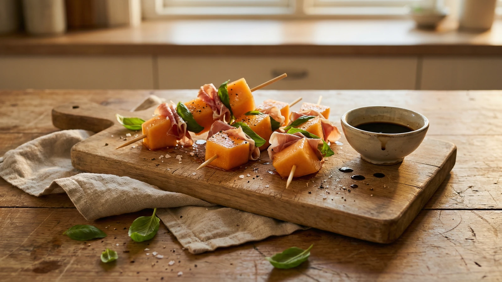 Melon and Prosciutto Skewers with Basil