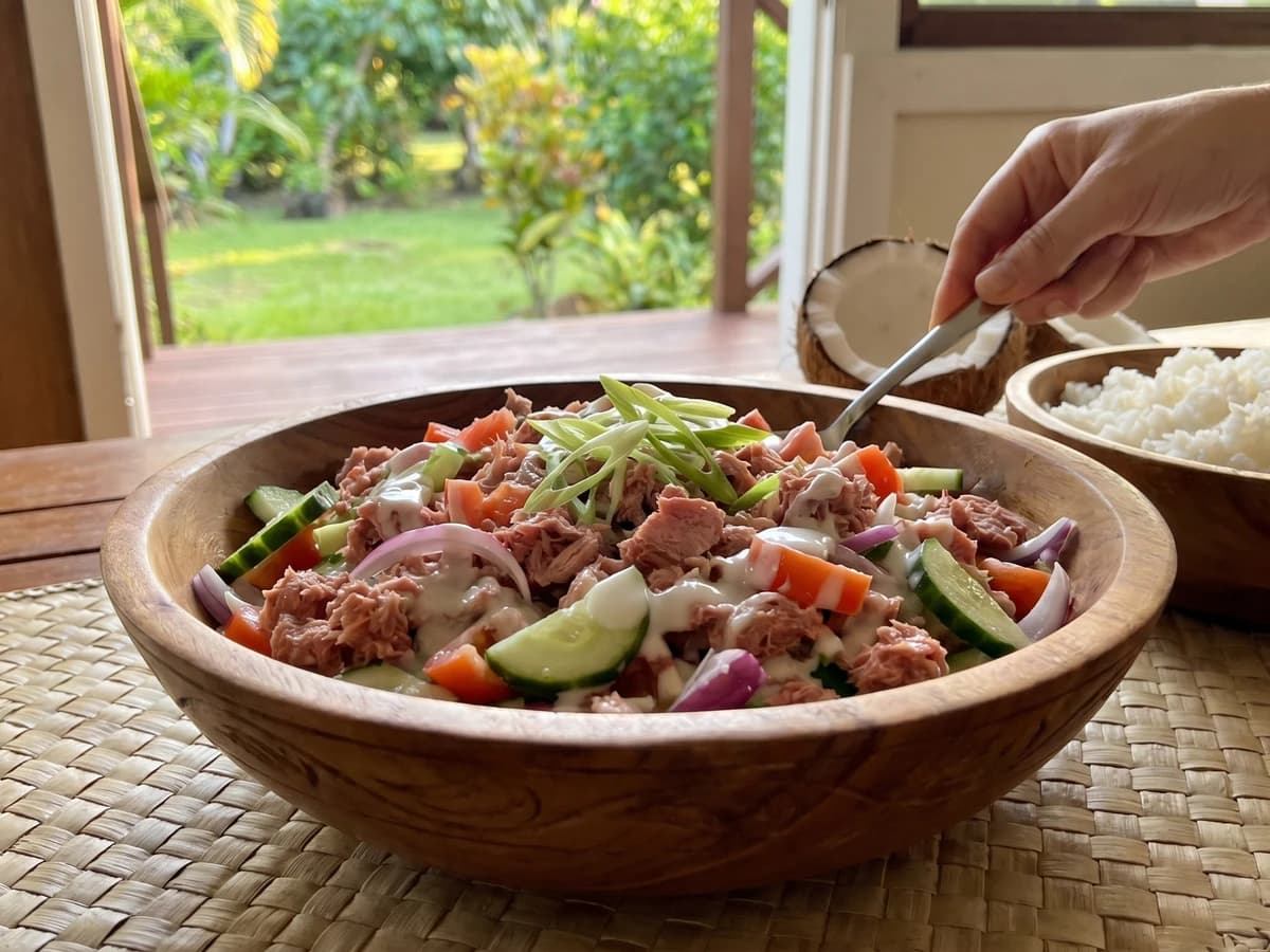 Raro Tarati (Cook Islands Corned Beef Salad in Coconut Cream) - Chef Makoa