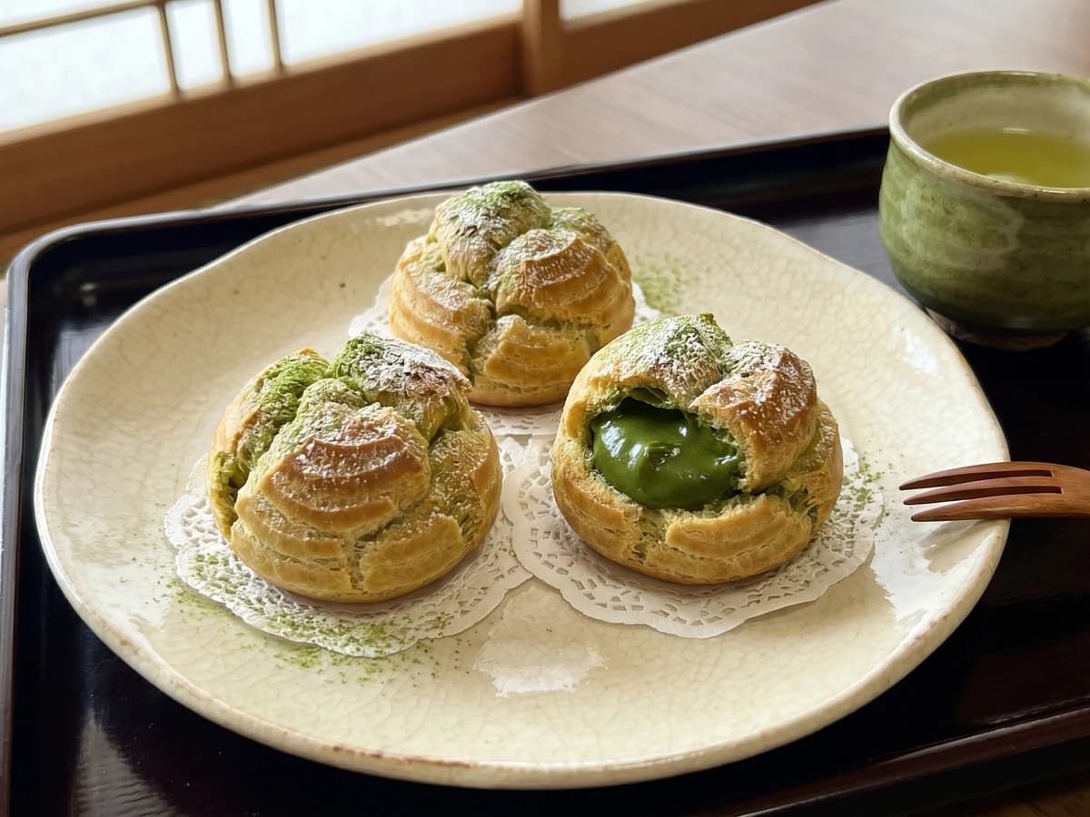 Matcha Shū Cream (抹茶シュークリーム, matcha cream puffs) - Chef Takumi