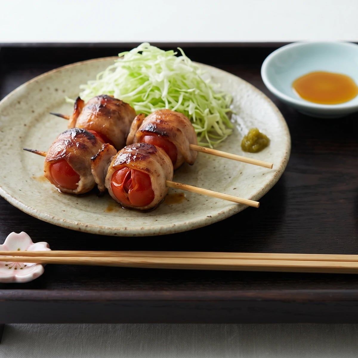 Tomato-maki (トマト巻き, pork-wrapped cherry tomato)