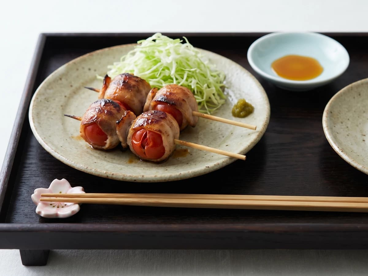 Tomato-maki (トマト巻き, pork-wrapped cherry tomato)