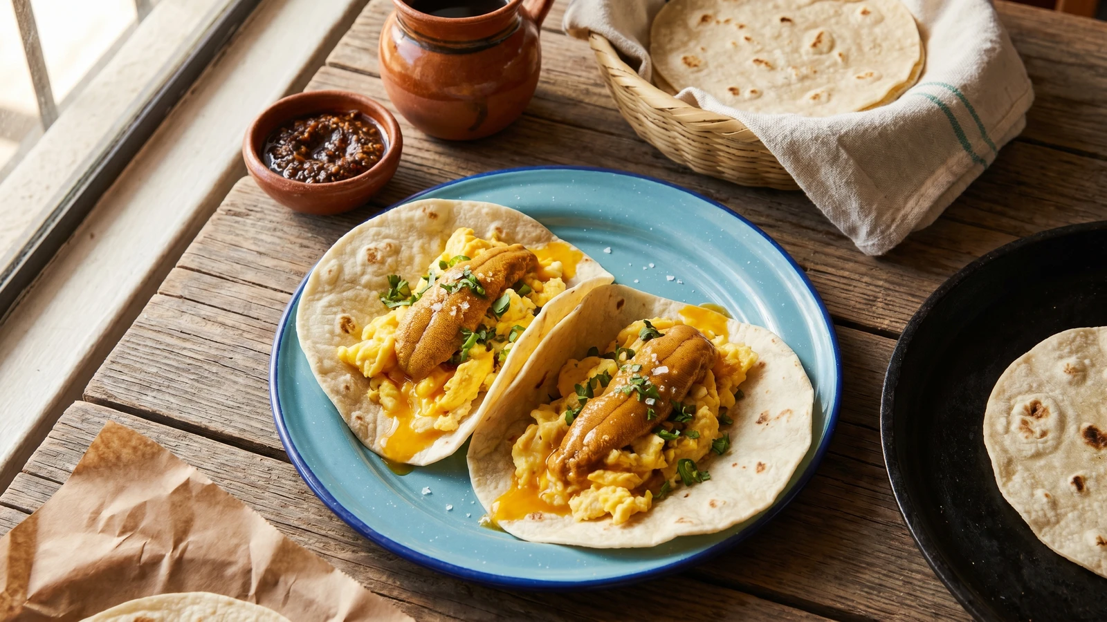 Tacos de Huevo Revuelto con Erizo de Ensenada