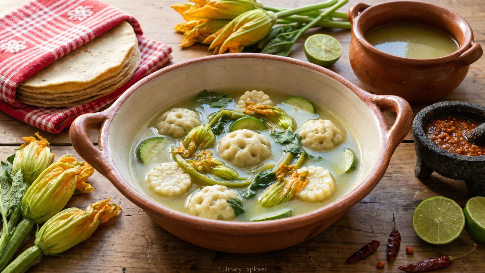Sopa de Guías de Calabaza con Chochoyotes