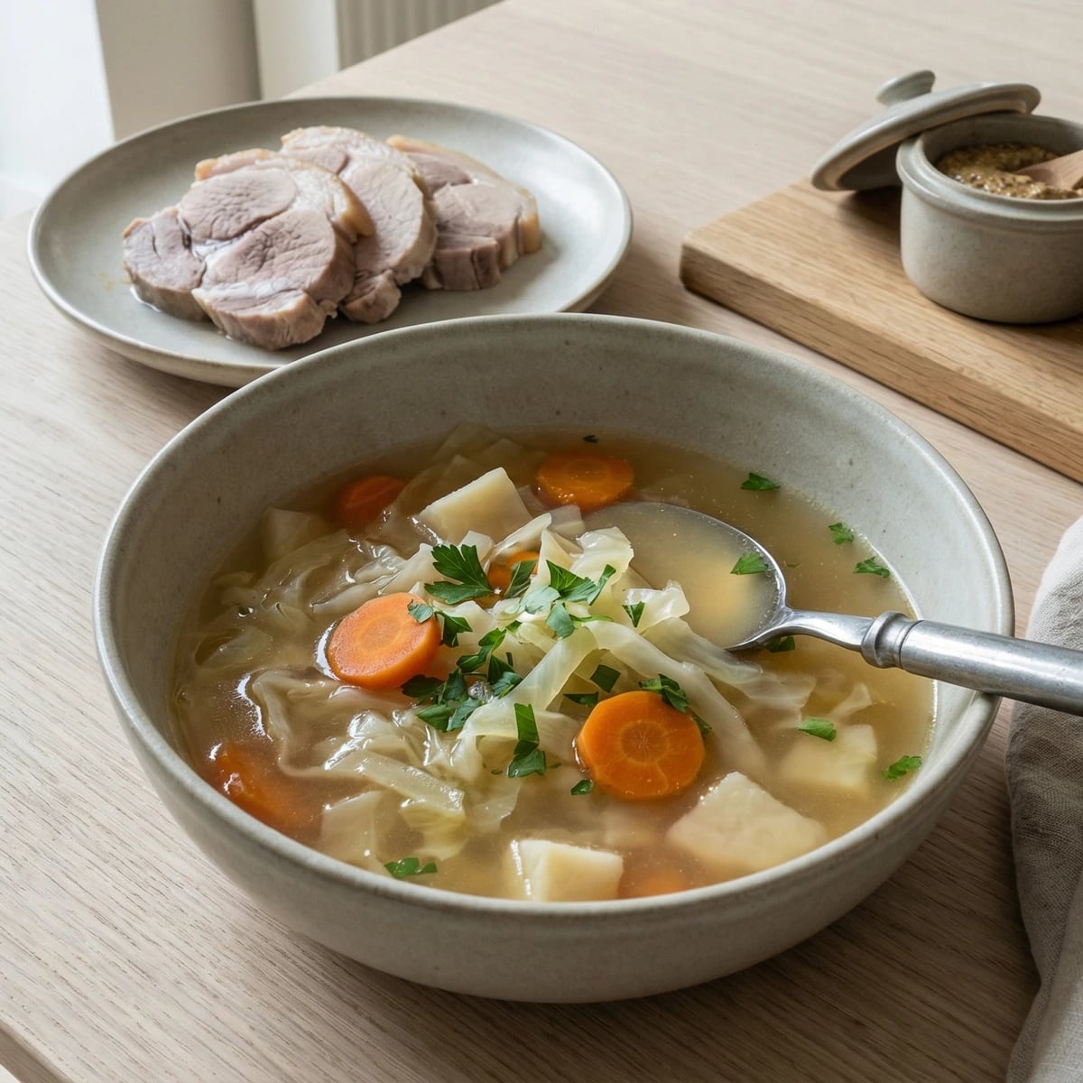 Hvidkaalssuppe med Flaesk