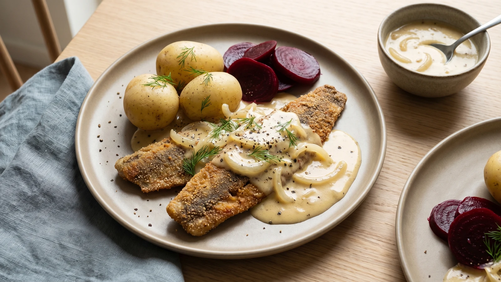Stegte Sild med Bløde Løg og Kogte Kartofler