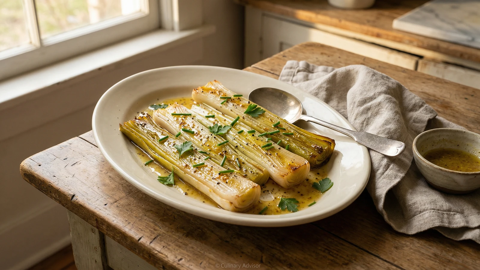 Braised Leeks with Mustard Vinaigrette