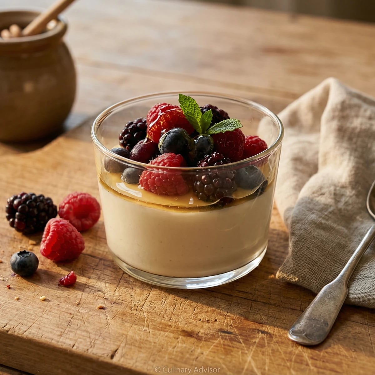 Honey Yogurt Panna Cotta with Seasonal Fruit