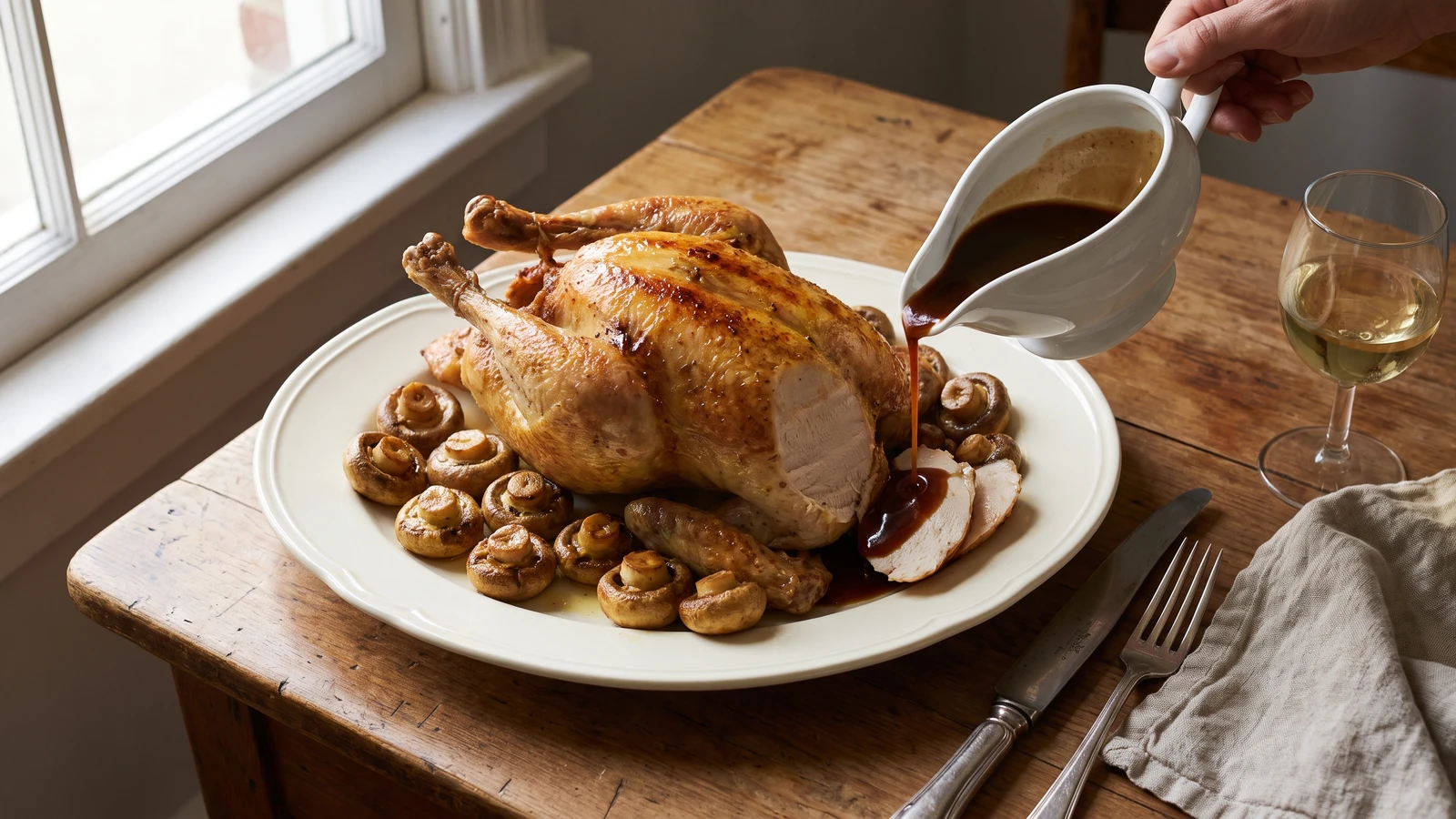 Poularde aux Champignons à Brun