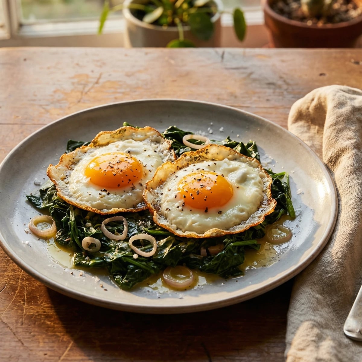 Farm Eggs Sunny-Side Up with Wilted Market Greens