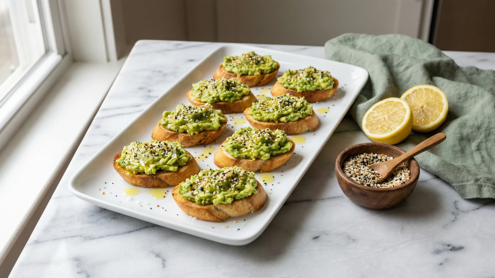 Smashed Avocado Crostini with Everything Seasoning