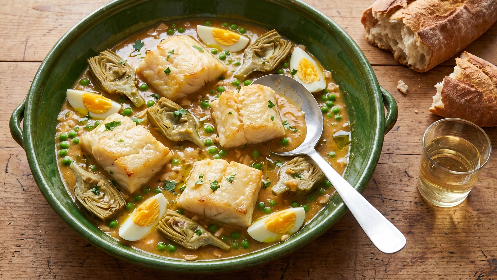 Bacalao con Alcachofas y Guisantes