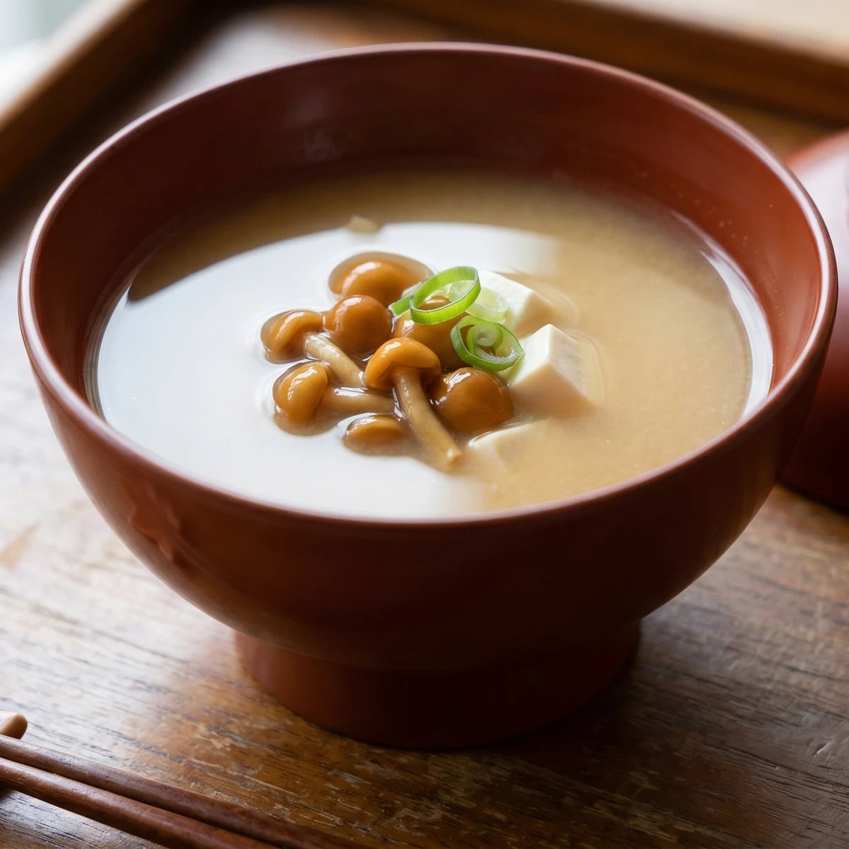 Nameko and Tofu Misoshiru (なめこと豆腐の味噌汁, miso soup with nameko mushrooms and tofu)