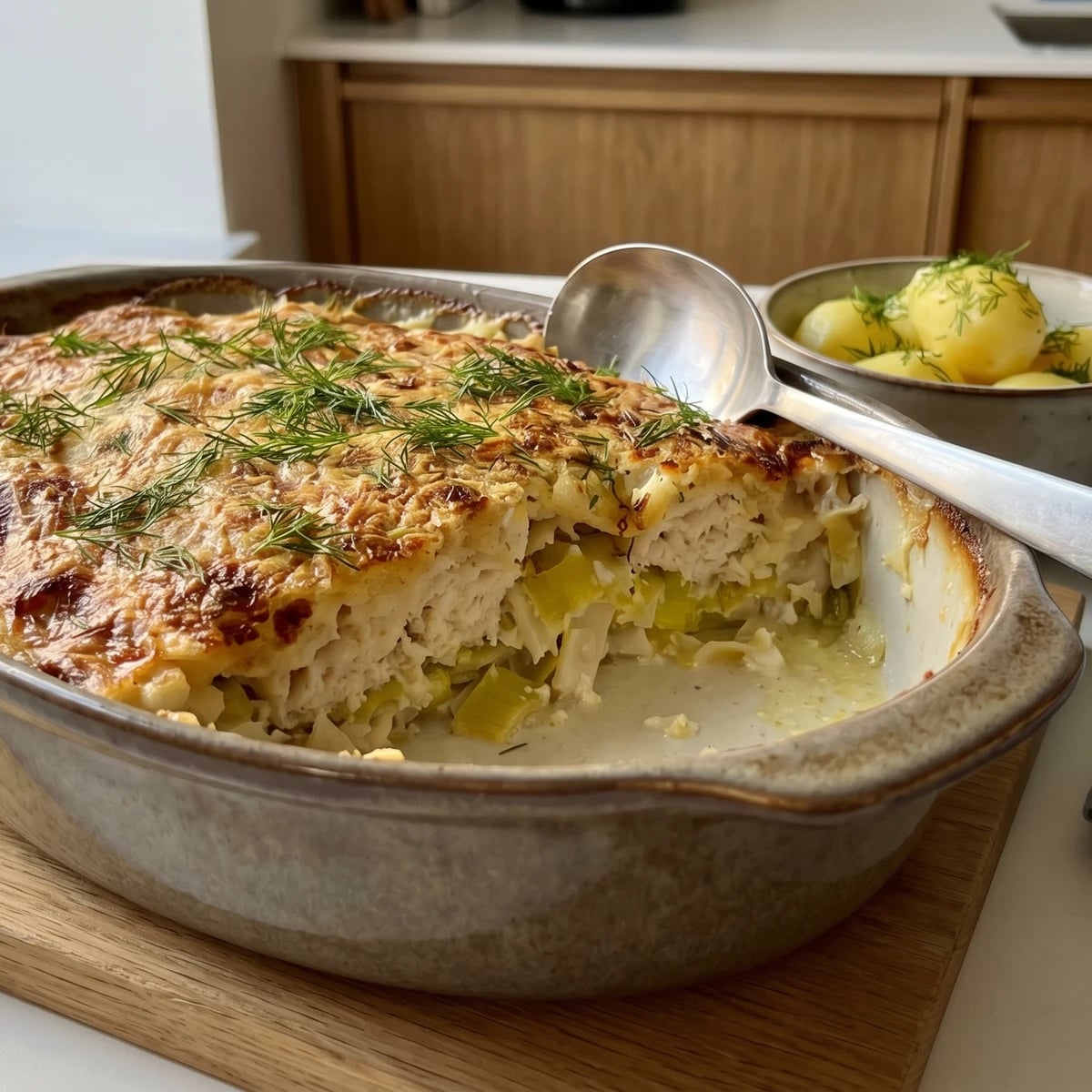 Fiskegratin med Fiskefars, Porrer og Selleri