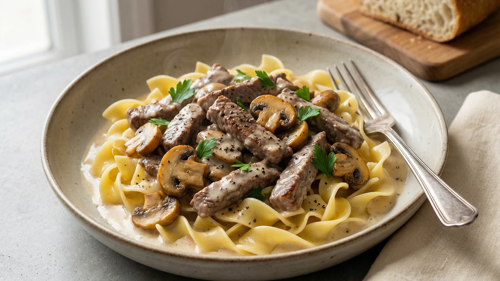 Beef Stroganoff over Egg Noodles