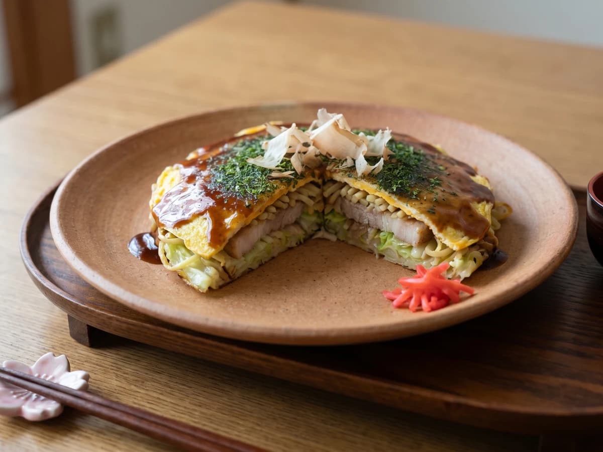 Hiroshima-style Okonomiyaki (広島風お好み焼き, Hiroshima-fū Okonomiyaki)