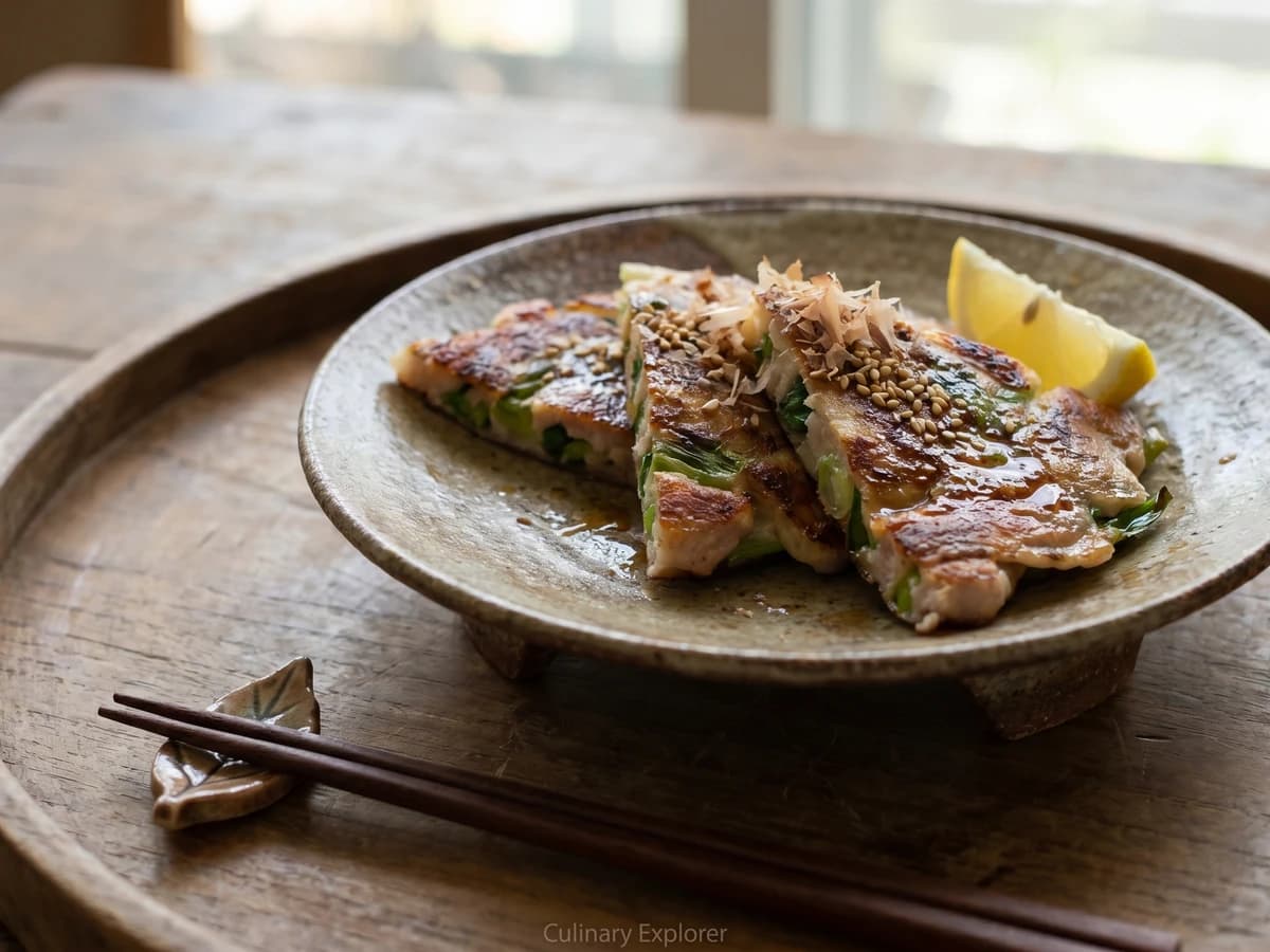 Negi-yaki (ねぎ焼き, scallion pancake with pork) - Chef Takumi